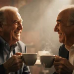 Mel Brooks and Carl Reiner share coffee and warm smiles during their iconic comedy partnership