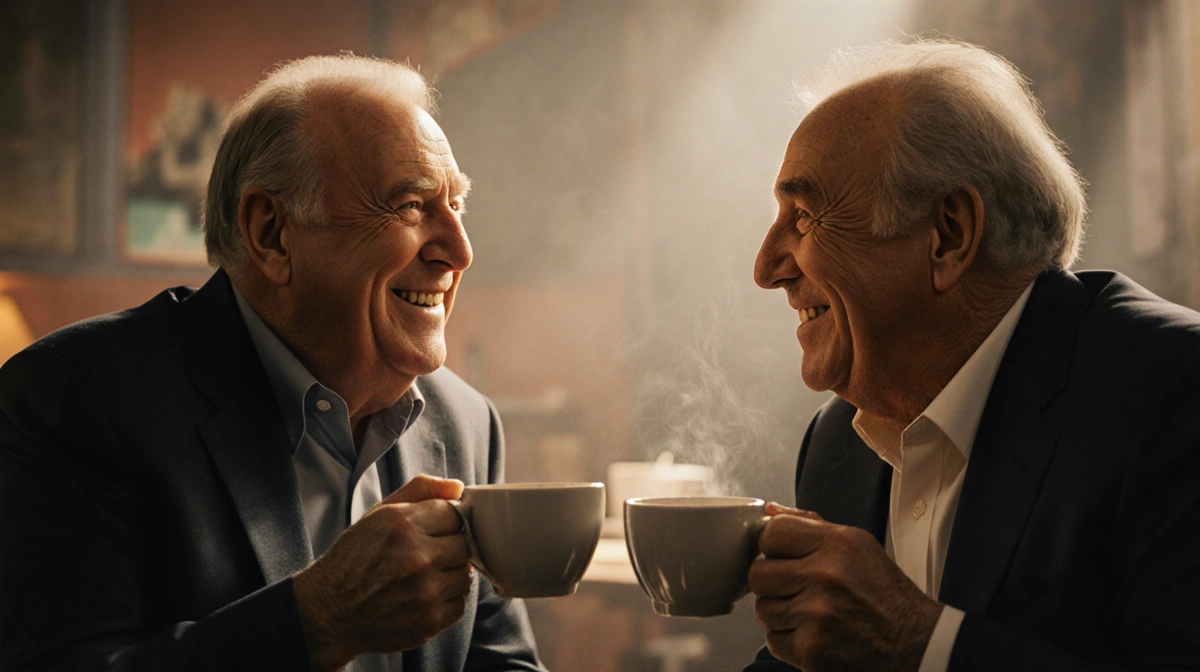 Mel Brooks and Carl Reiner share coffee and warm smiles during their iconic comedy partnership