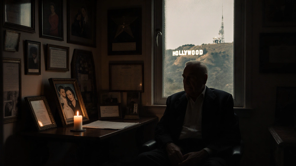 Mel Brooks sits alone with old photos and awards surrounding him and a candle glowing near Anne Bancroft portrait
