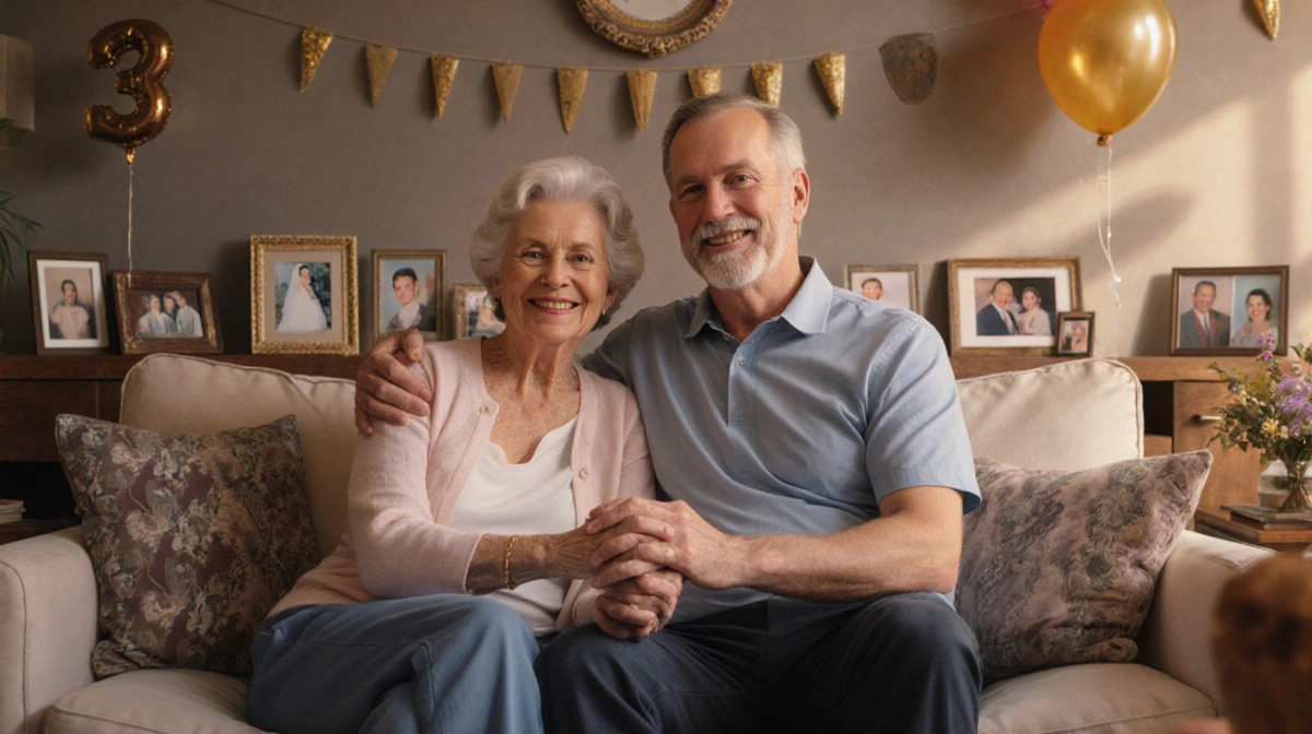 Mel and Chris Robbins sit together on couch with intertwined hands and family photos showing their 30-year marriage