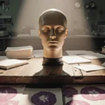 Mannequin head rests on wooden table with brain tissue samples and medical papers showing research