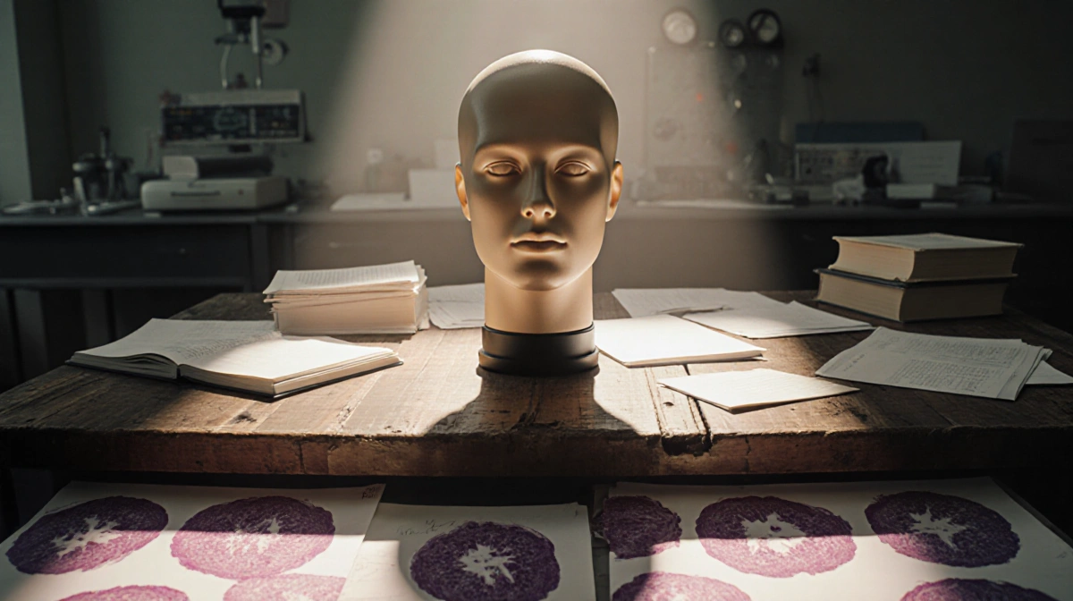 Mannequin head rests on wooden table with brain tissue samples and medical papers showing research