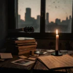 Flickering candle illuminates worn wooden table with old records and guitar showing nostalgic musician