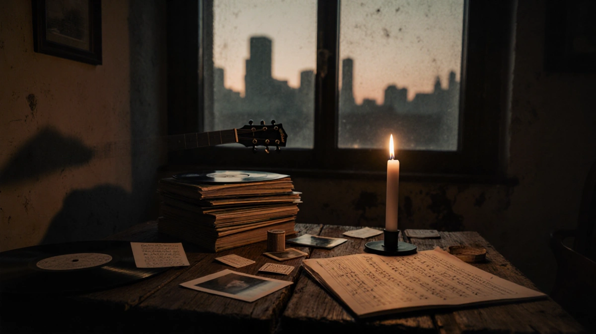 Flickering candle illuminates worn wooden table with old records and guitar showing nostalgic musician
