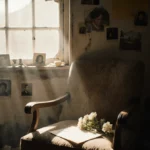 Sunlight streams through broken window onto worn wooden chair with handwritten note and faded family photos