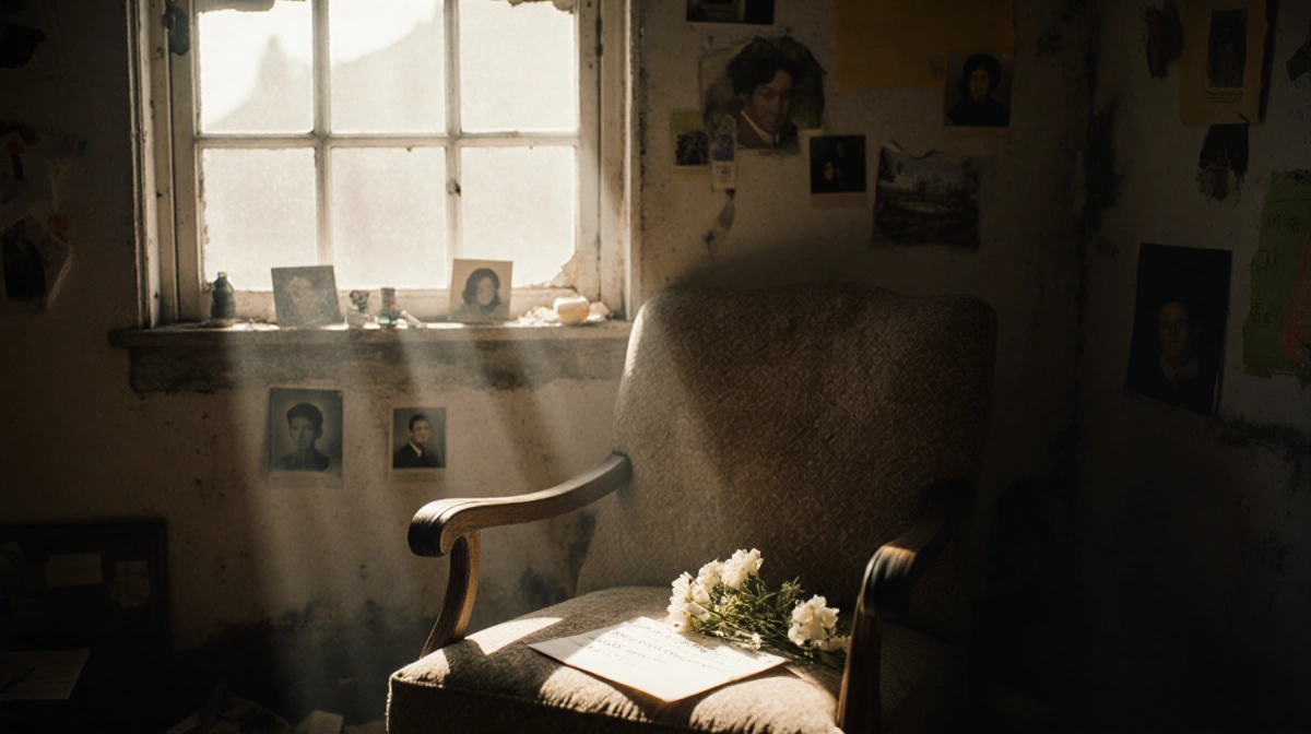Sunlight streams through broken window onto worn wooden chair with handwritten note and faded family photos