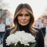 Melania Trump sitting with a bouquet of white flowers and warm light hinting at unity and peace in blurred protest background