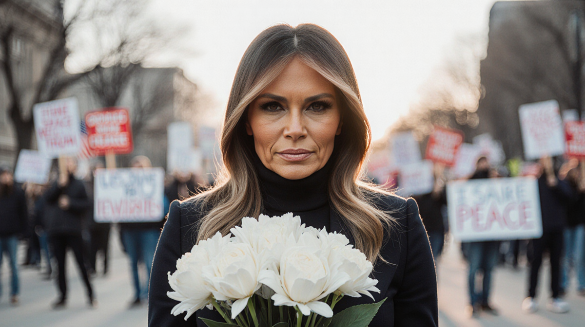 Melania Trump sitting with a bouquet of white flowers and warm light hinting at unity and peace in blurred protest background