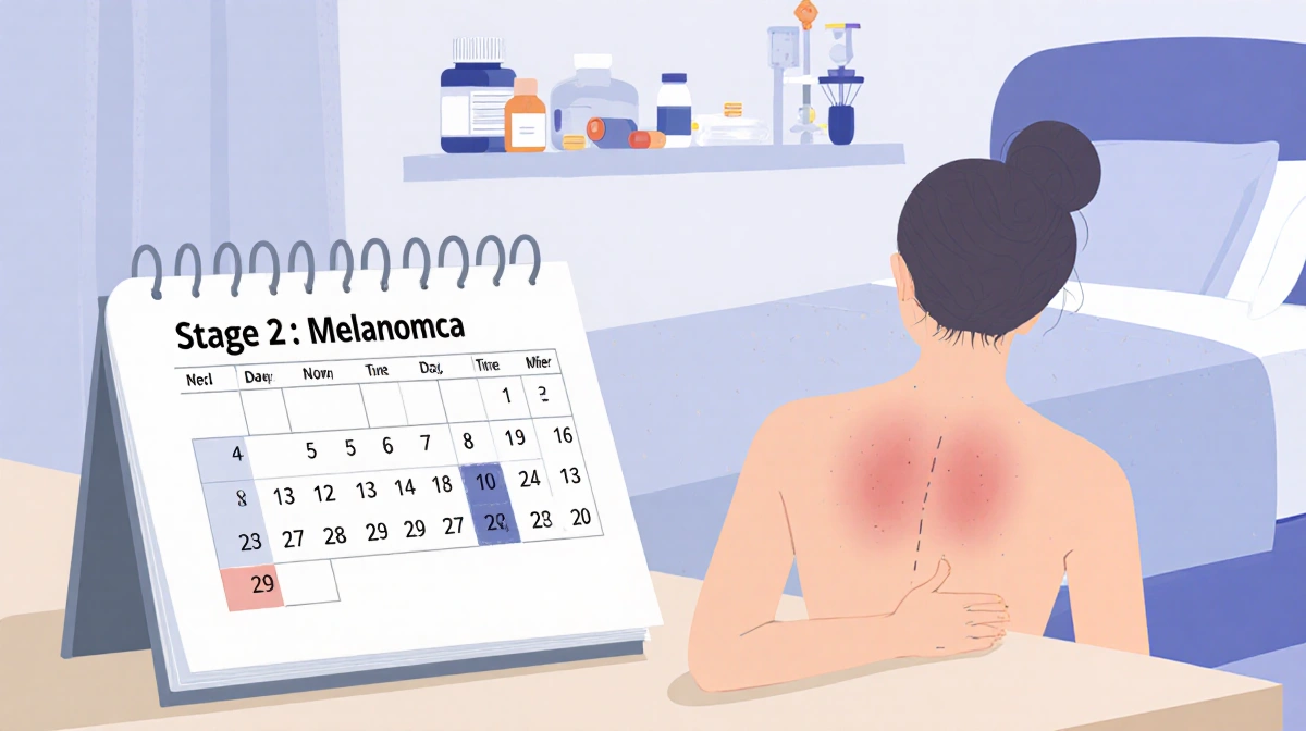 Woman managing melanoma treatment with calendar showing diagnosis date and medical supplies nearby