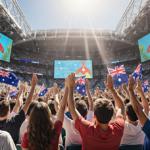 Tennis fans cheering in a Park stadium with flags and giant screens showing the Australian Open quarterfinals