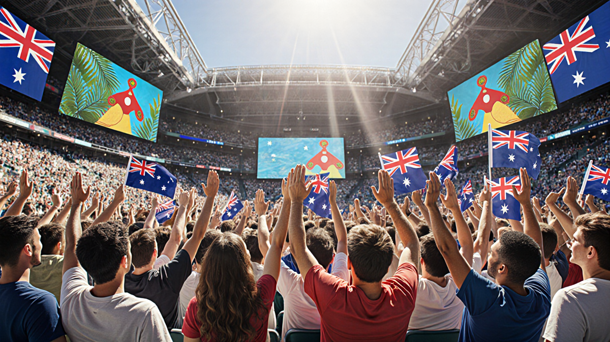 Tennis fans cheering in a Park stadium with flags and giant screens showing the Australian Open quarterfinals