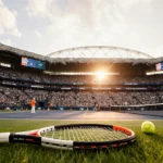 Sunrise lights Melbourne Park with Australian Open stadium and tennis racket on court