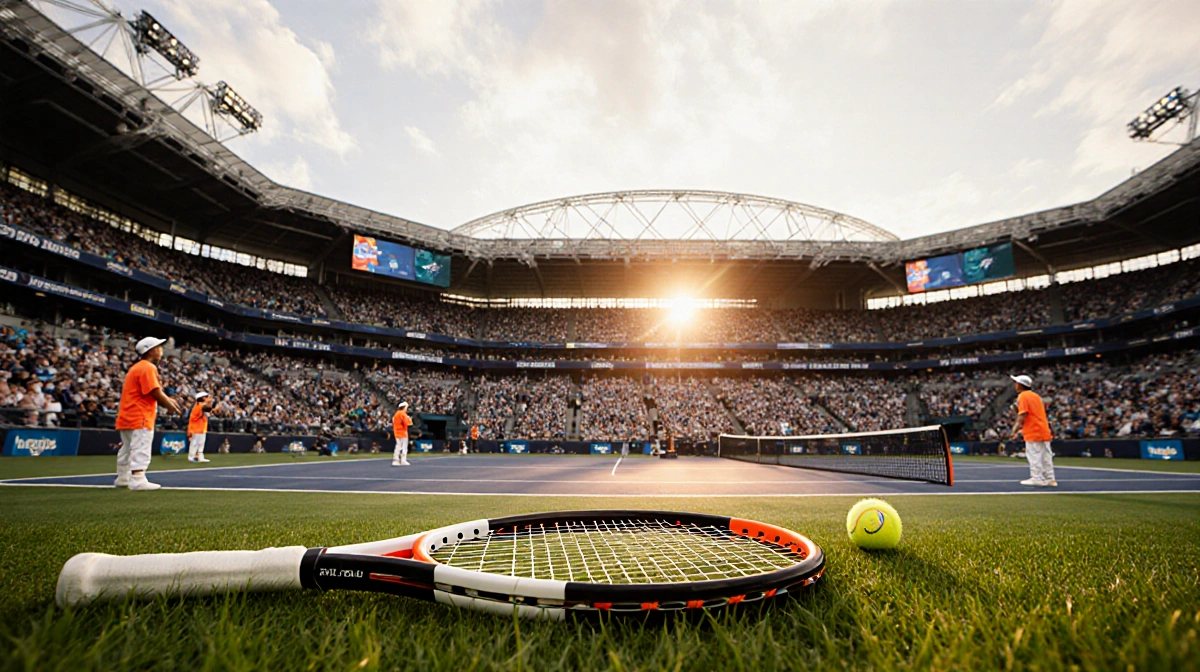 Sunrise lights Melbourne Park with Australian Open stadium and tennis racket on court