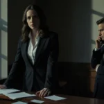 Melissa Gilbert looking concerned near courtroom railing with Timothy Busfield speaking on phone and legal documents on table