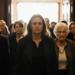 Melissa Gilbert walking into a crowded courthouse hallway with her mother and family members and golden light on their faces