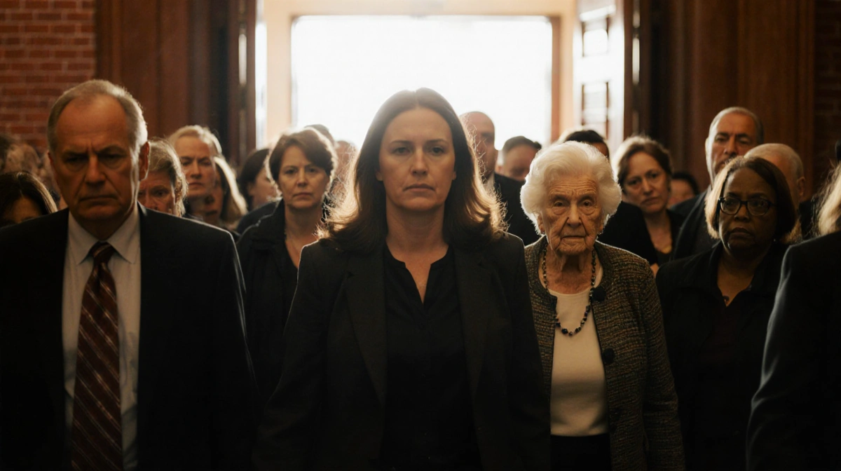 Melissa Gilbert walking into a crowded courthouse hallway with her mother and family members and golden light on their faces
