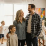 Melissa Gilbert smiling at husband Timothy Busfield with children playing happily around them in cozy living room