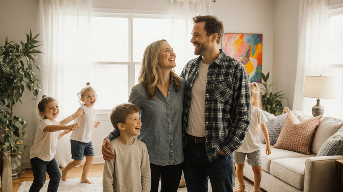 Melissa Gilbert smiling at husband Timothy Busfield with children playing happily around them in cozy living room