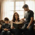 Melissa Gilbert reading with Dakota on leather couch while Michael looks at TV memorabilia on shelves with warm window light