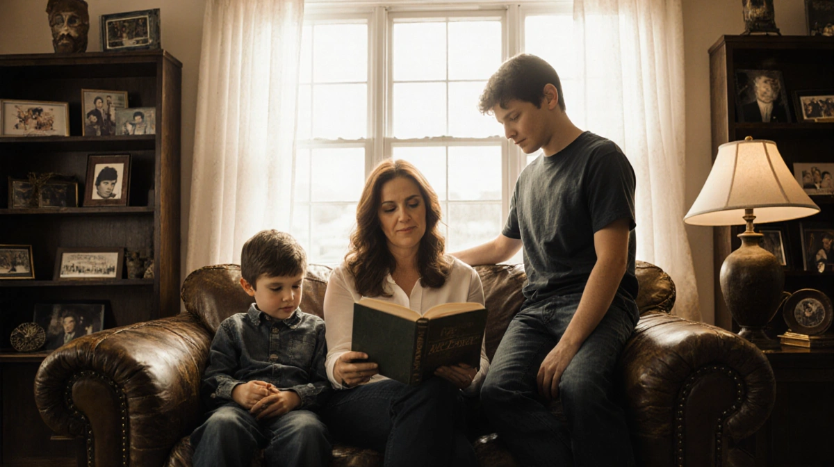 Melissa Gilbert reading with Dakota on leather couch while Michael looks at TV memorabilia on shelves with warm window light