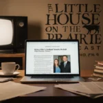 Laptop shows Timothy Busfield arrest article with Little House on the Prairie logo visible behind books and papers