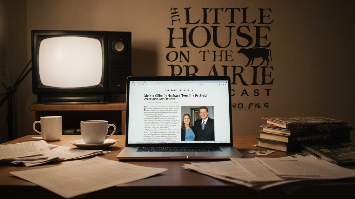 Laptop shows Timothy Busfield arrest article with Little House on the Prairie logo visible behind books and papers