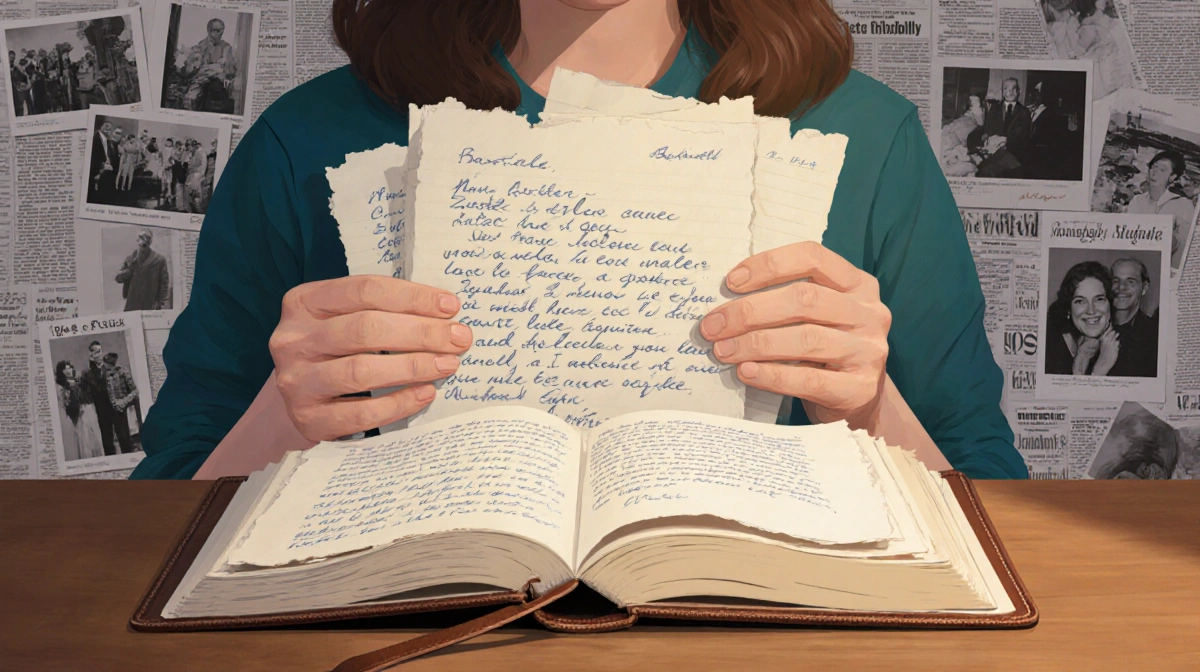 Melissa Gilbert holding handwritten letters with 1980s photos and leather journal open on wooden desk