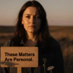 Melissa Gilbert stands with resolute expression and wooden sign reading These Matters Are Personal with wildflowers and prair