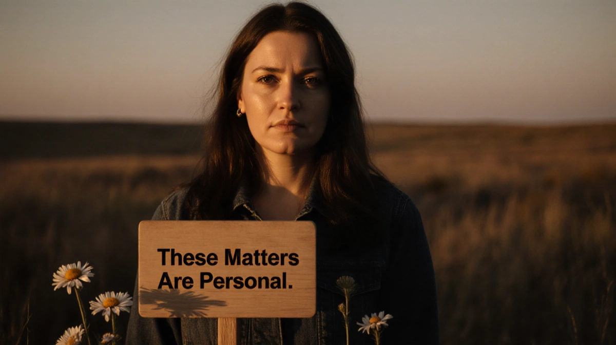 Melissa Gilbert stands with resolute expression and wooden sign reading These Matters Are Personal with wildflowers and prair