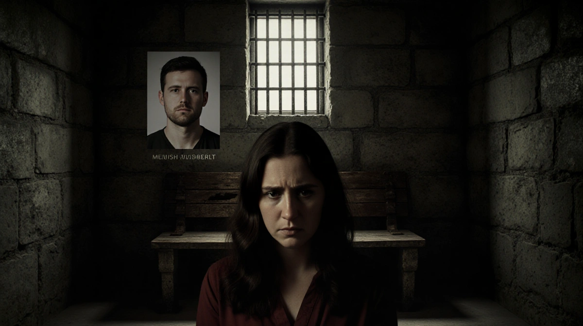 Melissa Gilbert looks worried in prison cell with Timothy Busfield mugshot on wall and jail door shadow behind