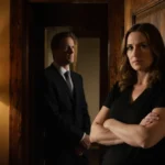 Melissa Gilbert stands with arms crossed with warm light casting shadows and Timothy Busfield visible through doorway