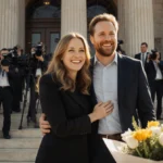 Melissa Gilbert and Timothy Busfield embracing outside courthouse with reporters in background