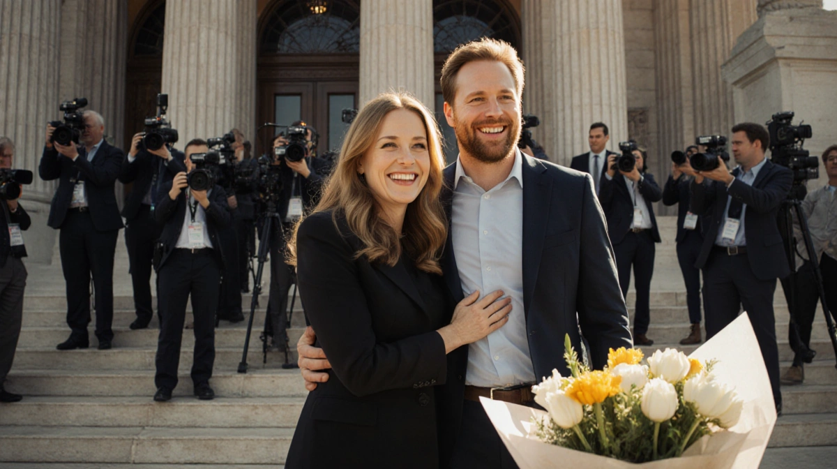 Melissa Gilbert and Timothy Busfield embracing outside courthouse with reporters in background