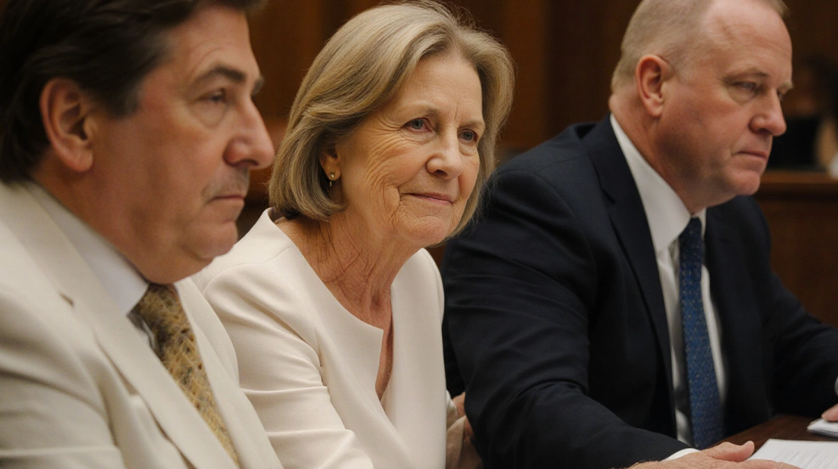 Melissa Gilbert supporting Timothy Busfield with gentle hand in courtroom with warm lighting and judge's bench
