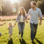 Melissa Gilbert and Timothy Busfield playing catch with their children in a sunny park with blooming flowers and green grass