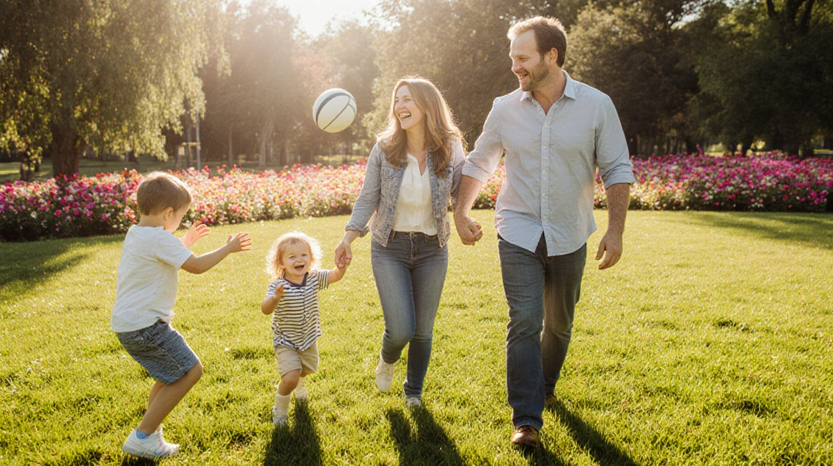 Melissa Gilbert and Timothy Busfield playing catch with their children in a sunny park with blooming flowers and green grass