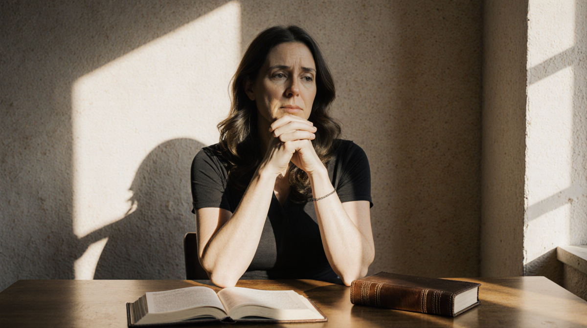 Melissa Gilbert sits at a desk with hands clasped natural light illuminating her face and an open leather‑bound journal besid