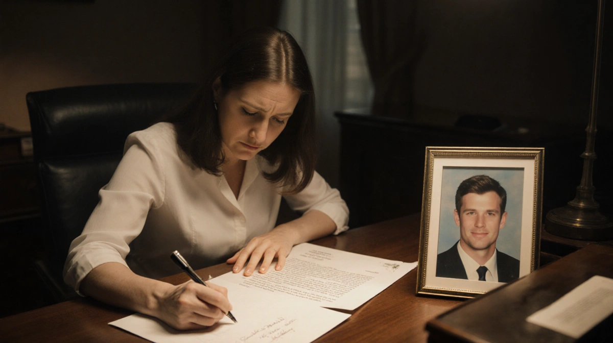 Melissa Gilbert signing a letter to a judge with a framed photo of Timothy Busfield showing emotional distress