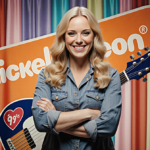 Melissa Joan Hart stands proudly with arms crossed smiling brightly against a vintage Nickelodeon backdrop and soft warm 90s