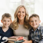 Melissa Joan Hart posing with her three sons in a sunlit room with football gear and books visible nearby