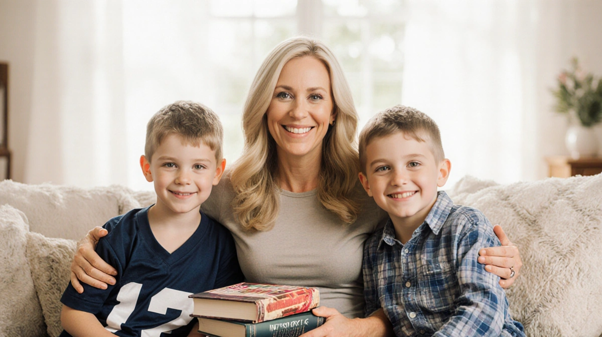 Melissa Joan Hart posing with her three sons in a sunlit room with football gear and books visible nearby
