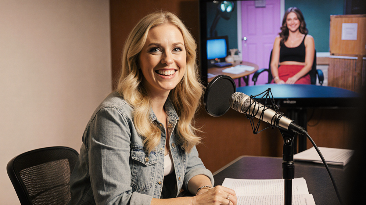 Melissa Joan Hart laughing with microphone and script while faint studio backdrop hints at podcast audition