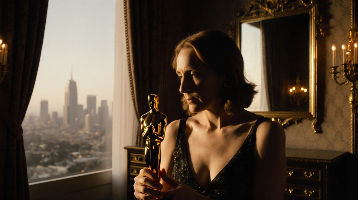 Melissa Leo sits in dressing room with Oscar statuette and golden mirrors showing contemplative expression