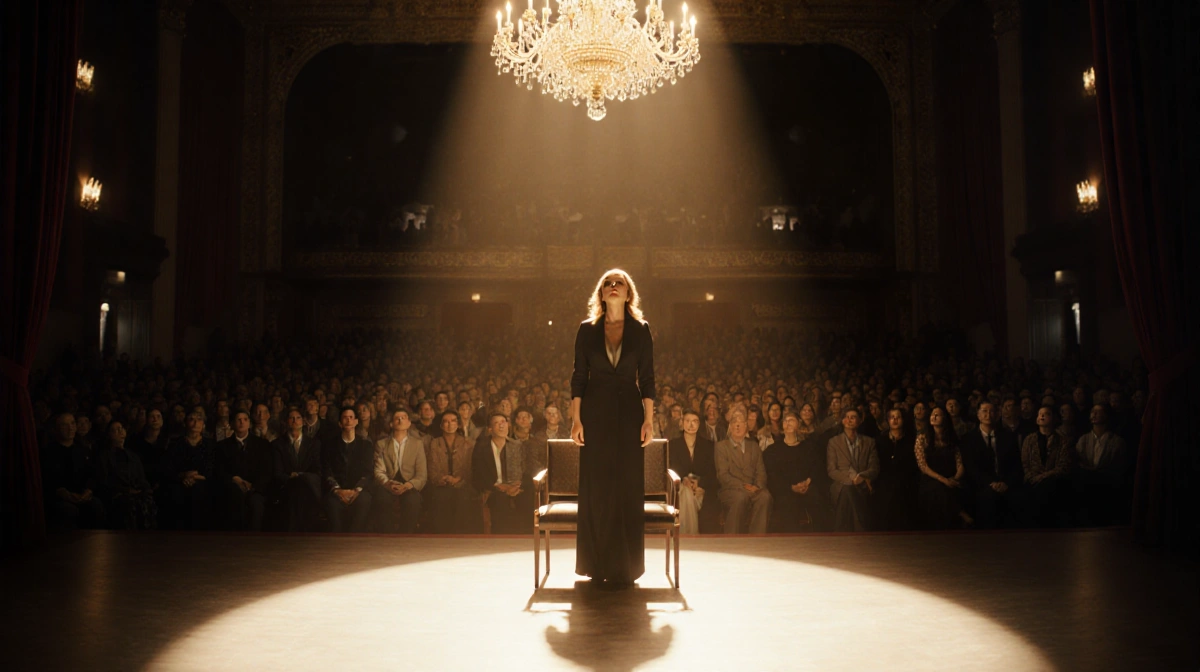 Melissa Leo stands on theater stage with chandelier above and audience watching