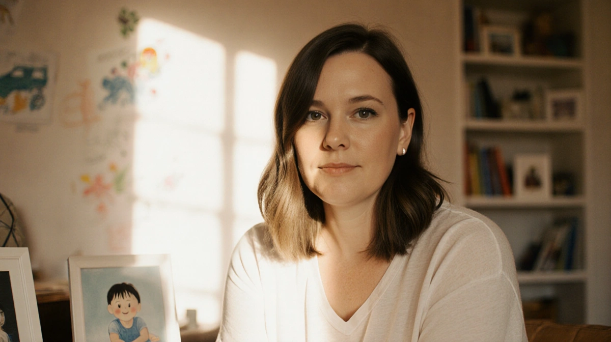 Melissa McCarthy sits with serene self-acceptance near family photos and a child's drawing on the shelf