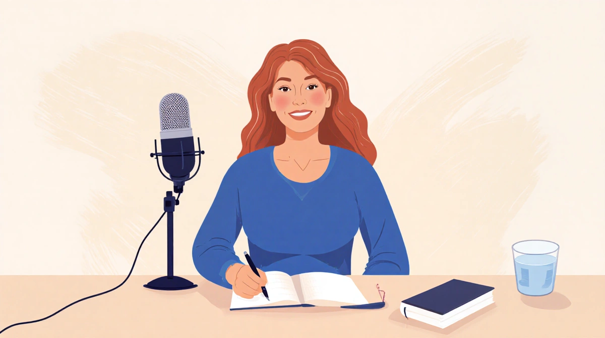 Melissa Rivers records podcast with microphone and notebook under warm lighting