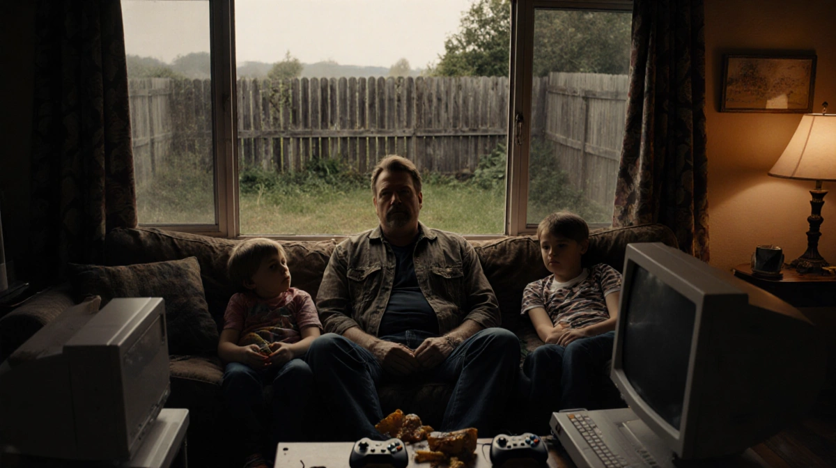 John Mellencamp relaxes on couch with kids and video game controllers showing 80s anti-work parenting style