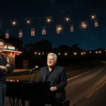 John Mellencamp performing at outdoor amphitheater with Sean Penn and American flags under starry sky