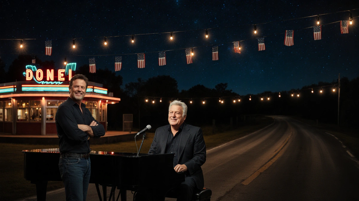 John Mellencamp performing at outdoor amphitheater with Sean Penn and American flags under starry sky