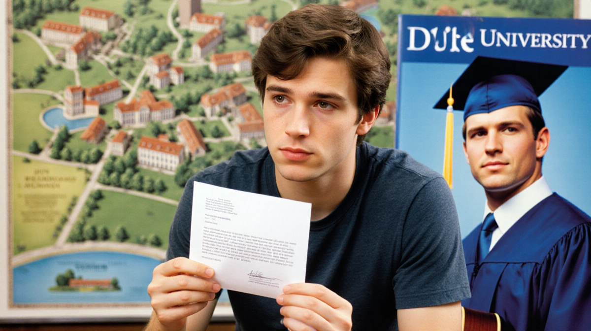 Young adult holding Duke University acceptance letter while studying campus map with guitar softly visible behind